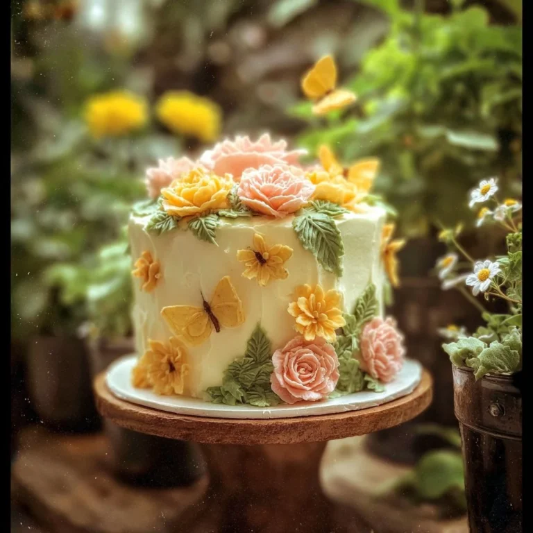 Whimsical Garden Cake decorated with flowers and greenery for a beautiful presentation