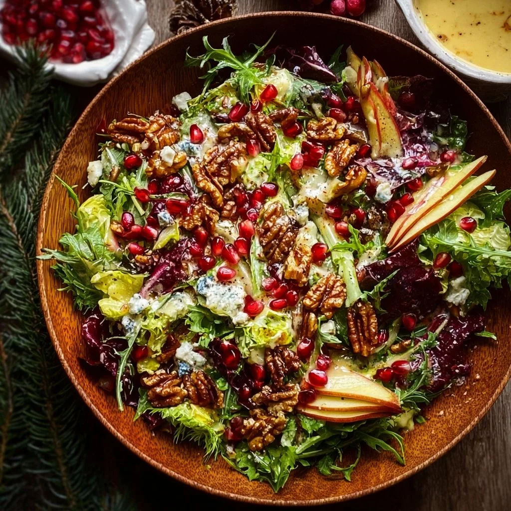 Winter Christmas Salad with honey mustard dressing served on a festive table