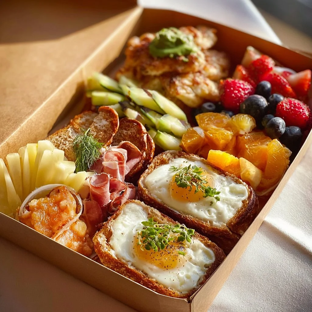 Boîte à brunch avec plats savoureux pour un repas convivial.