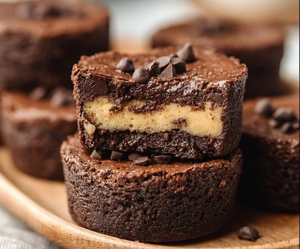 Bouchées de cheesecake chocolat sur une assiette, décorées de chocolat fondu.