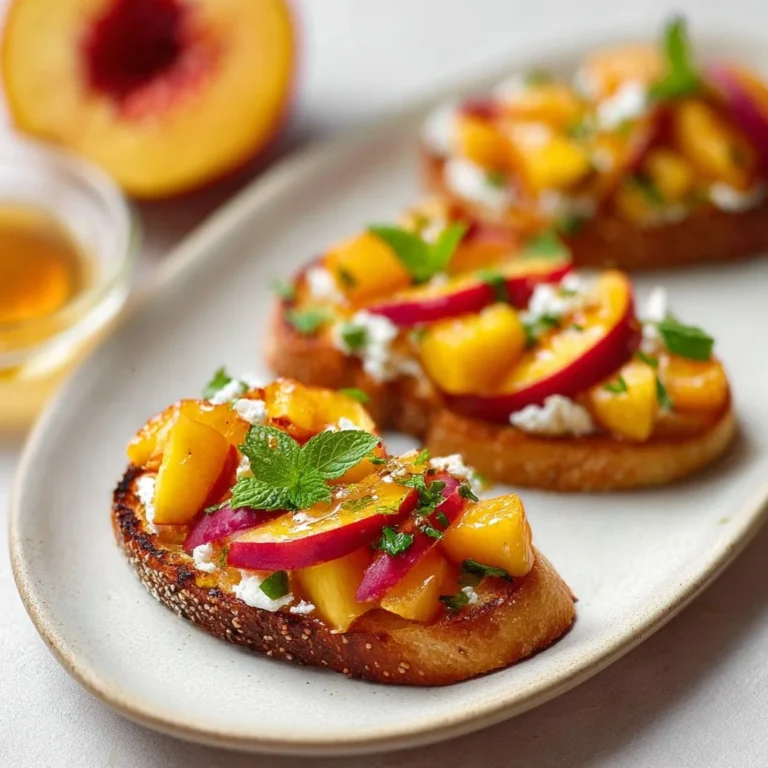Bruschetta aux pêches garnie de basilic frais et de mozzarella