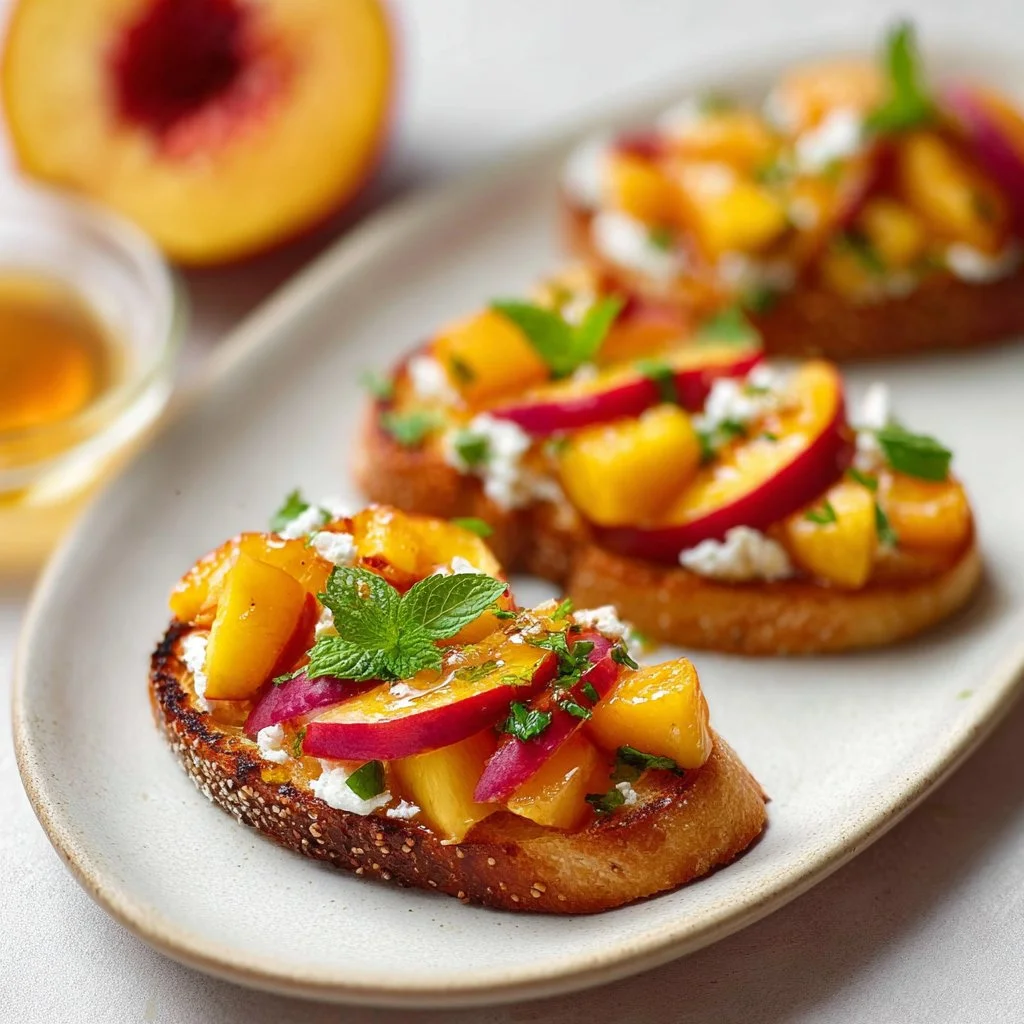 Bruschetta aux pêches garnie de basilic frais et de mozzarella