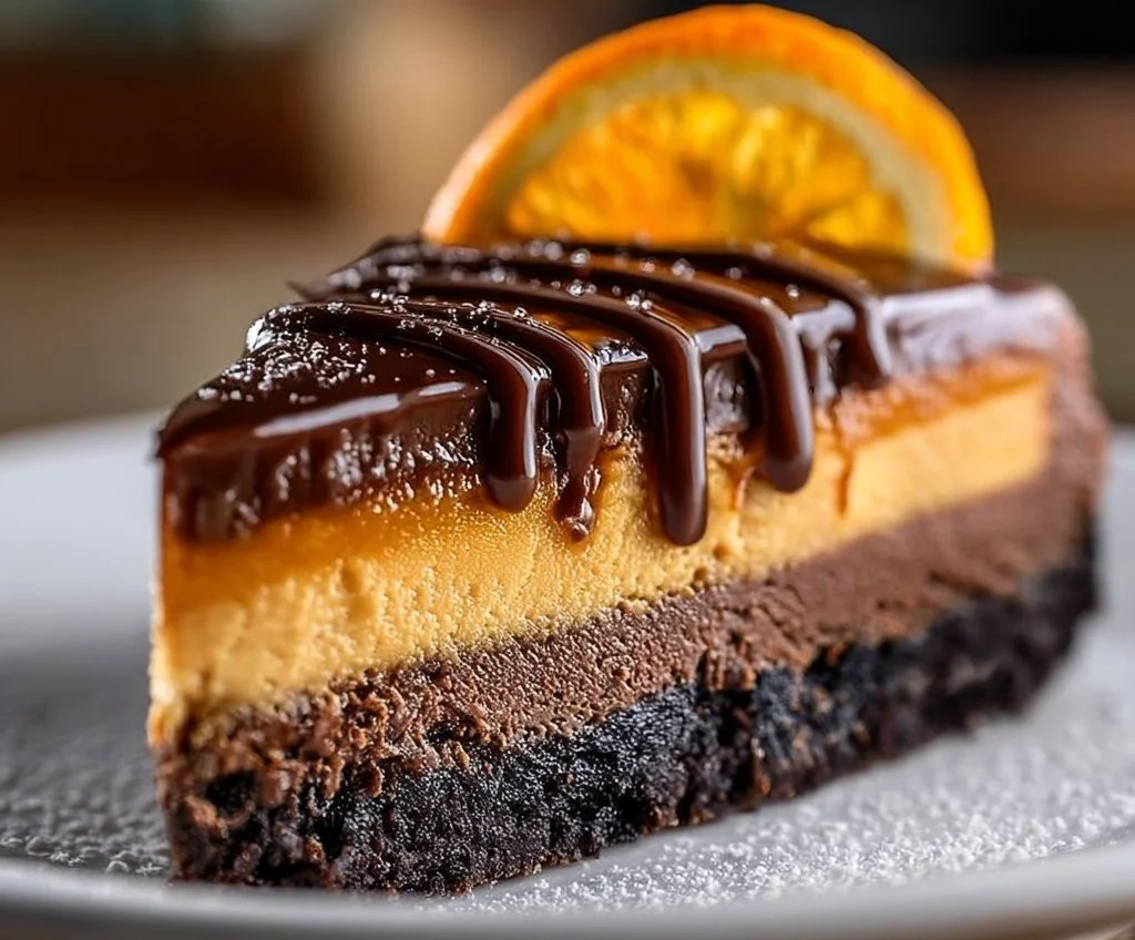 Cheesecake au chocolat et à l'orange sur une assiette élégante