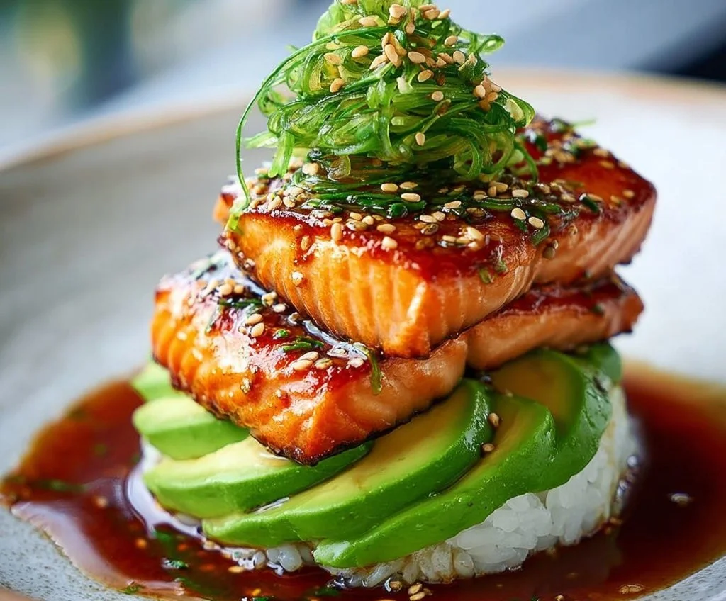 Empilement de saumon teriyaki et avocat sur une assiette