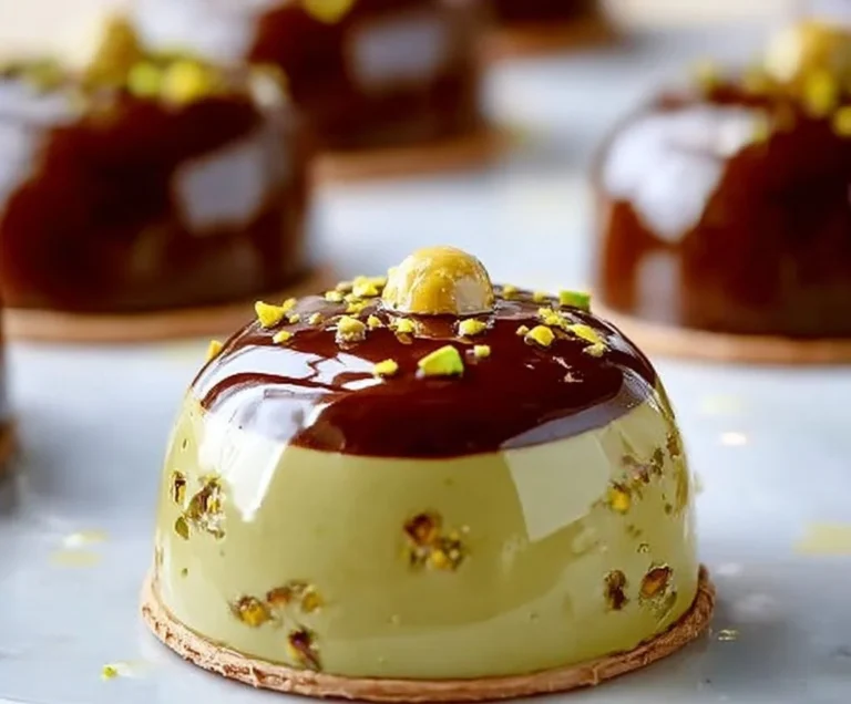 Entremet Praliné aux Pistaches, dessert gourmand avec une texture onctueuse et croquante.