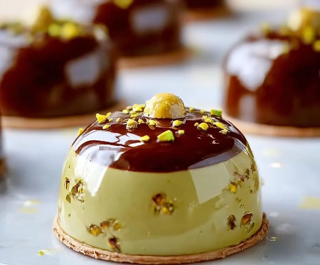 Entremet Praliné aux Pistaches, dessert gourmand avec une texture onctueuse et croquante.