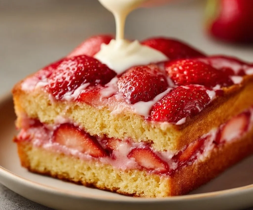 Gâteau moelleux aux fraises fraîches sur une assiette décorée