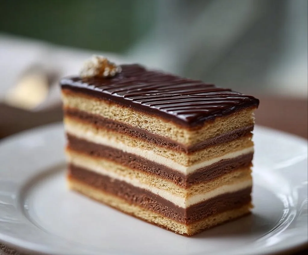 Gâteau Opéra Classique décoré avec du chocolat et du café