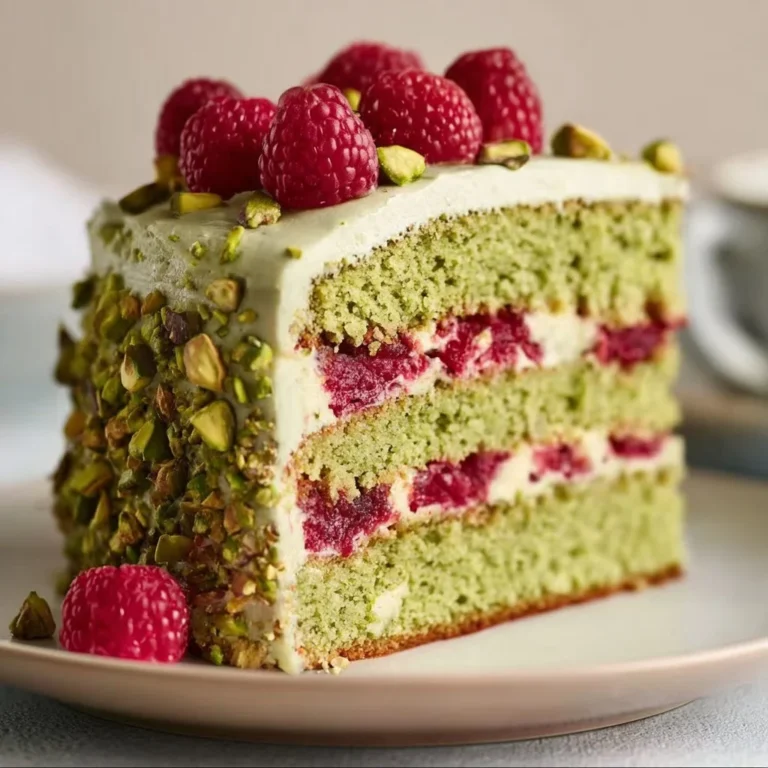 Gâteau Pistache Framboise décoré de framboises fraîches et pistaches croquantes.