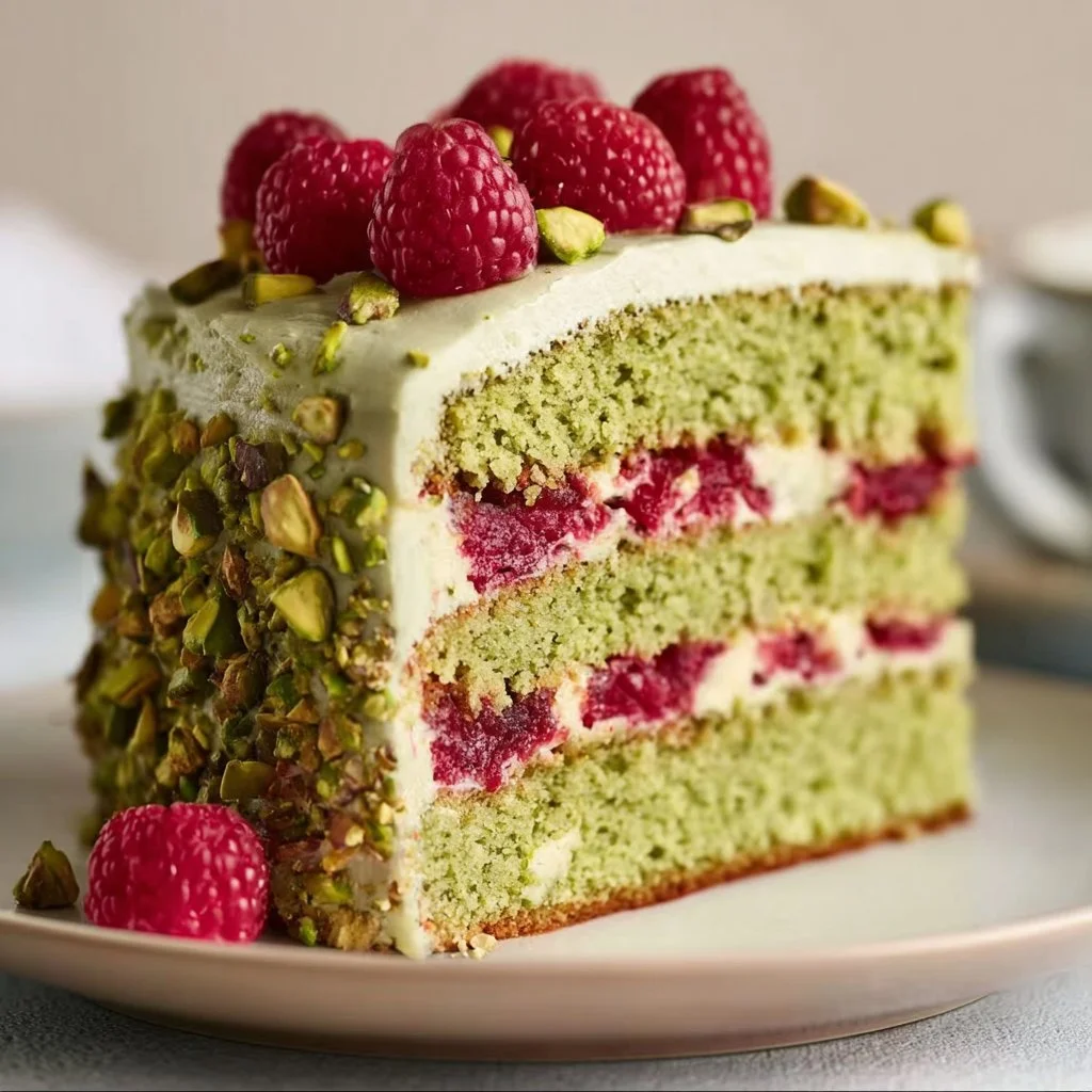 Gâteau Pistache Framboise décoré de framboises fraîches et pistaches croquantes.