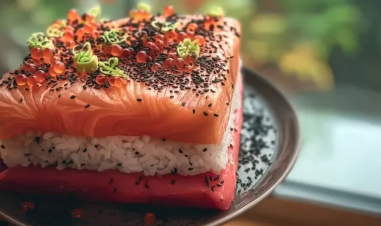 Gâteau sushi créatif et coloré en présentation artistique sur une table