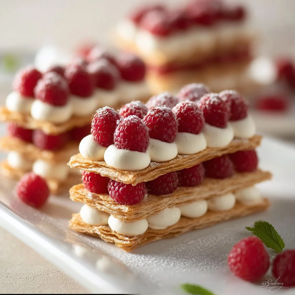Napoléons aux framboises, dessert sucré et frais, parfait pour les gourmands.