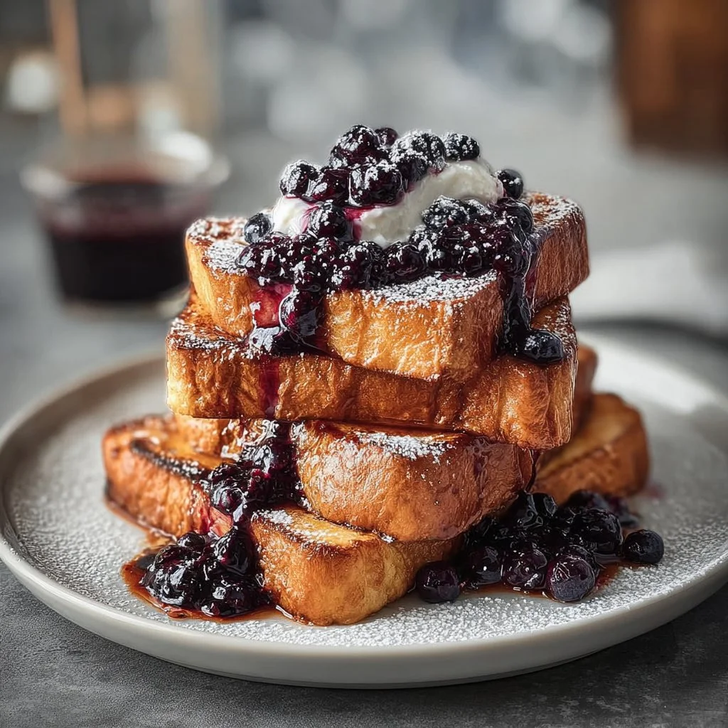 Pain Perdu décadent à la brioche avec compote de myrtilles délicieuse
