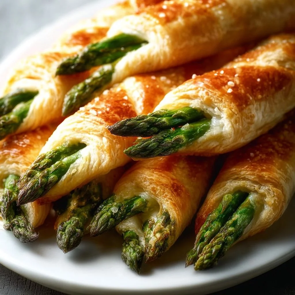 Paquets de pâte feuilletée farcis aux asperges fraîches sur une assiette