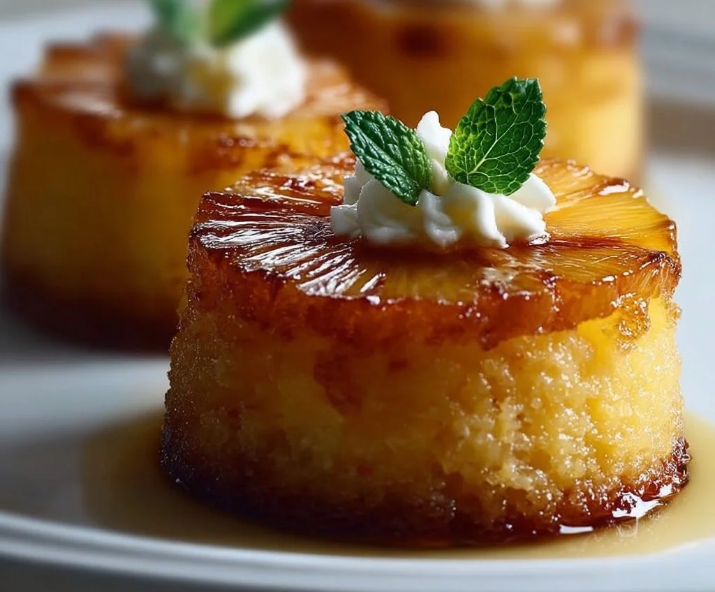 Petits moelleux renversés à l'ananas et mascarpone sur une assiette