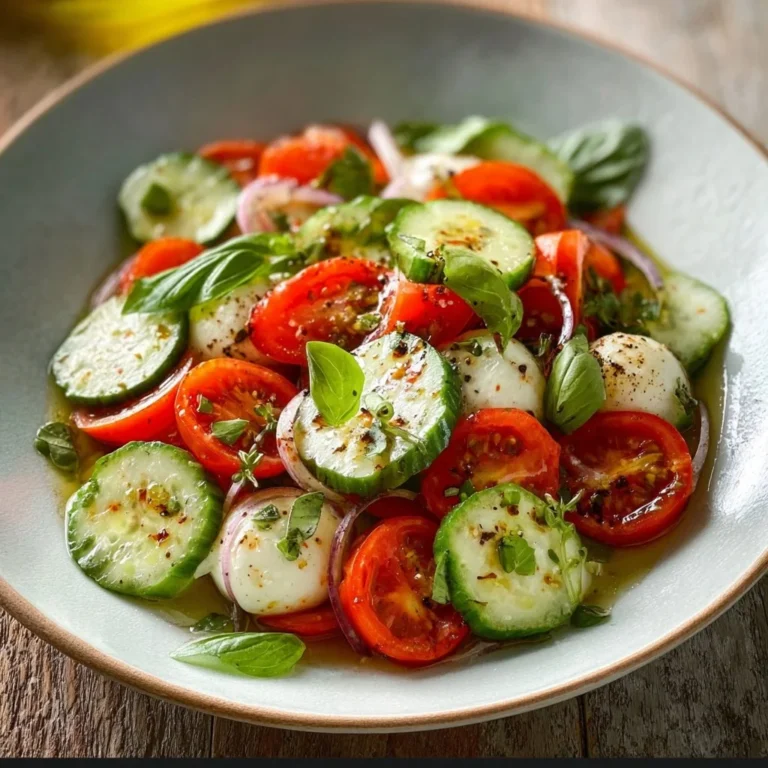 Salade Caprese de concombre frais servie dans un bol avec basilic et fromage mozzarella