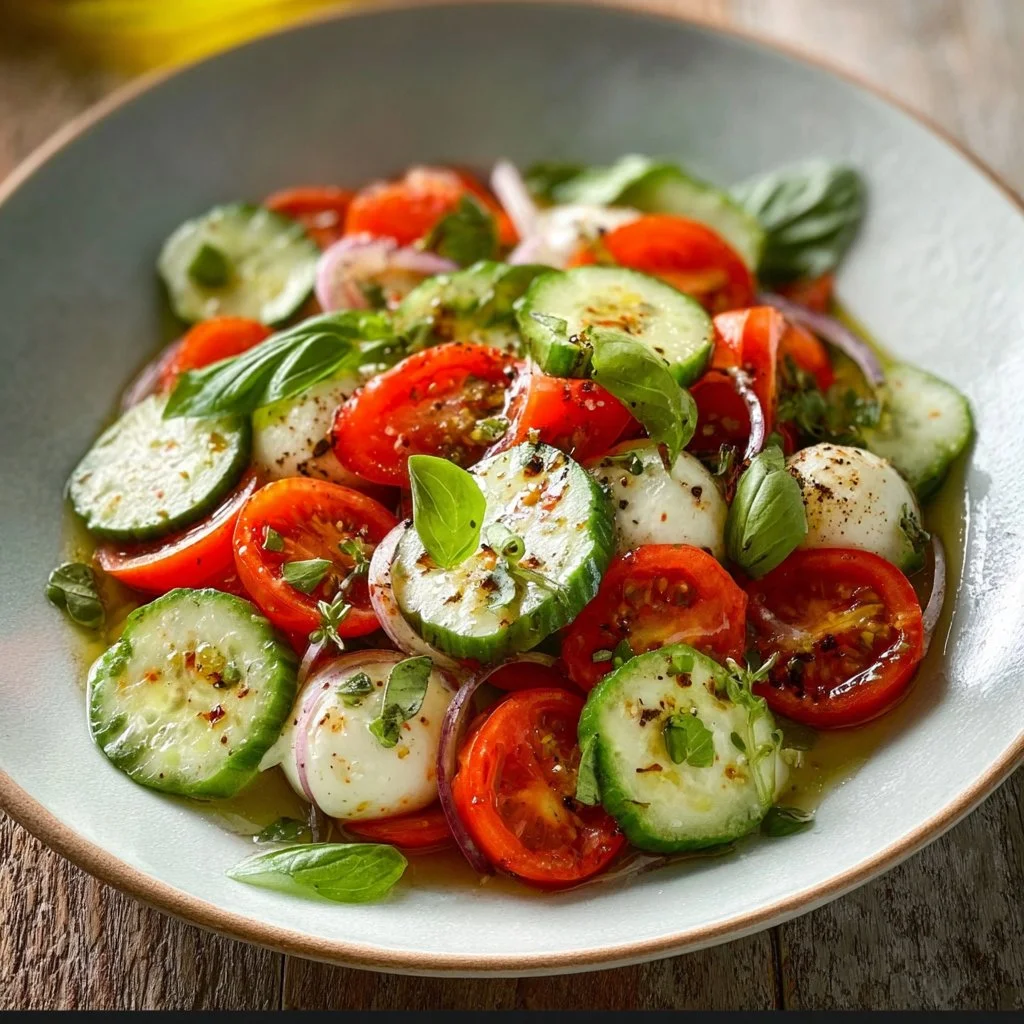 Salade Caprese de concombre frais servie dans un bol avec basilic et fromage mozzarella