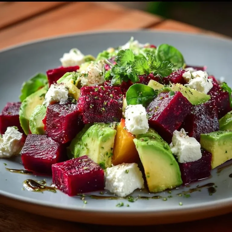 Salade de betteraves, avocat et feta garnie d'herbes fraîches