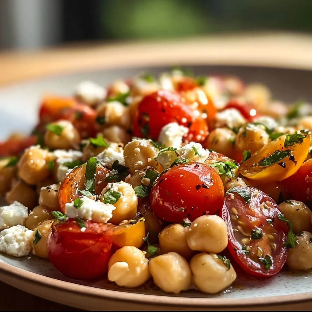 Salade de pois chiches avec tomates et feta dans un bol coloré