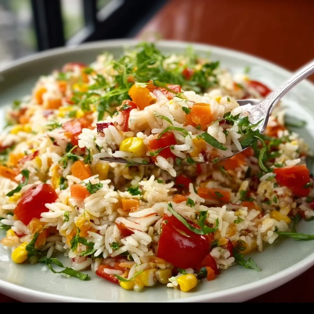 Salade de riz colorée avec légumes frais et vinaigrette maison