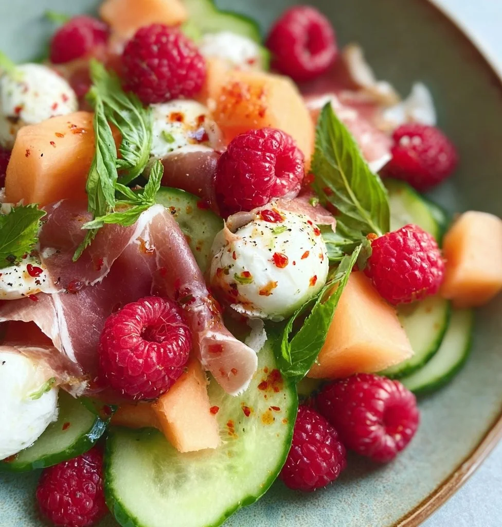Fresh salad with melon, raspberries, cucumber, prosciutto, and mozzarella 🌿