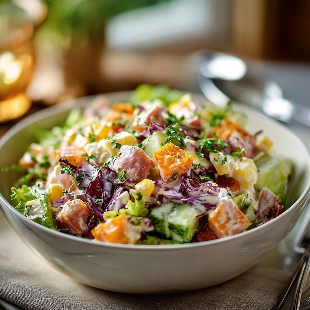 Salade gourmande crémeuse et croquante avec ingrédients frais et colorés