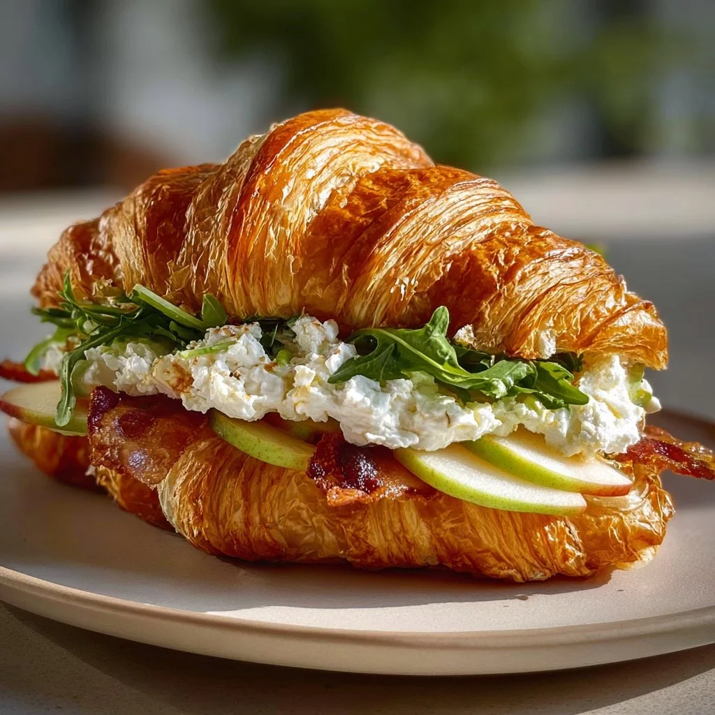 Sandwich au croissant avec pommes et fromage, idéal pour un déjeuner savoureux.