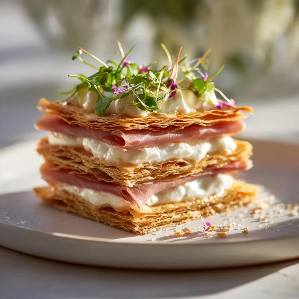 Savory mille-feuille layered with prosciutto and lemon ricotta filling.