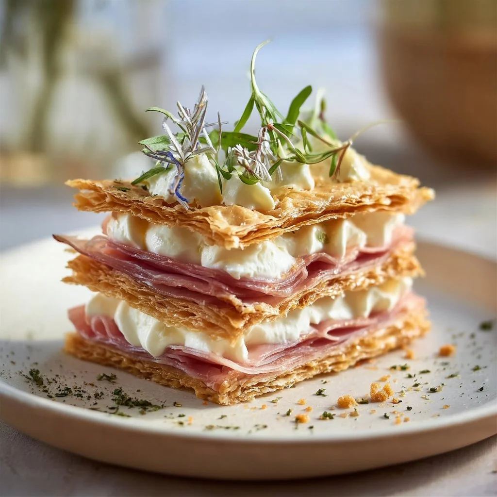 Savory mille-feuille with prosciutto and lemon ricotta
