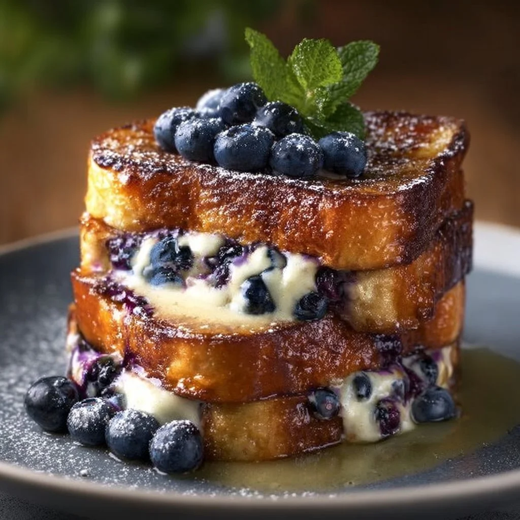 Delicious Stuffed Pain Perdu with creamy cheese and blueberries on a plate