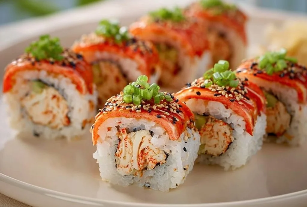 Sushi Kani Épicé avec garnitures fraîches et présentation élégante