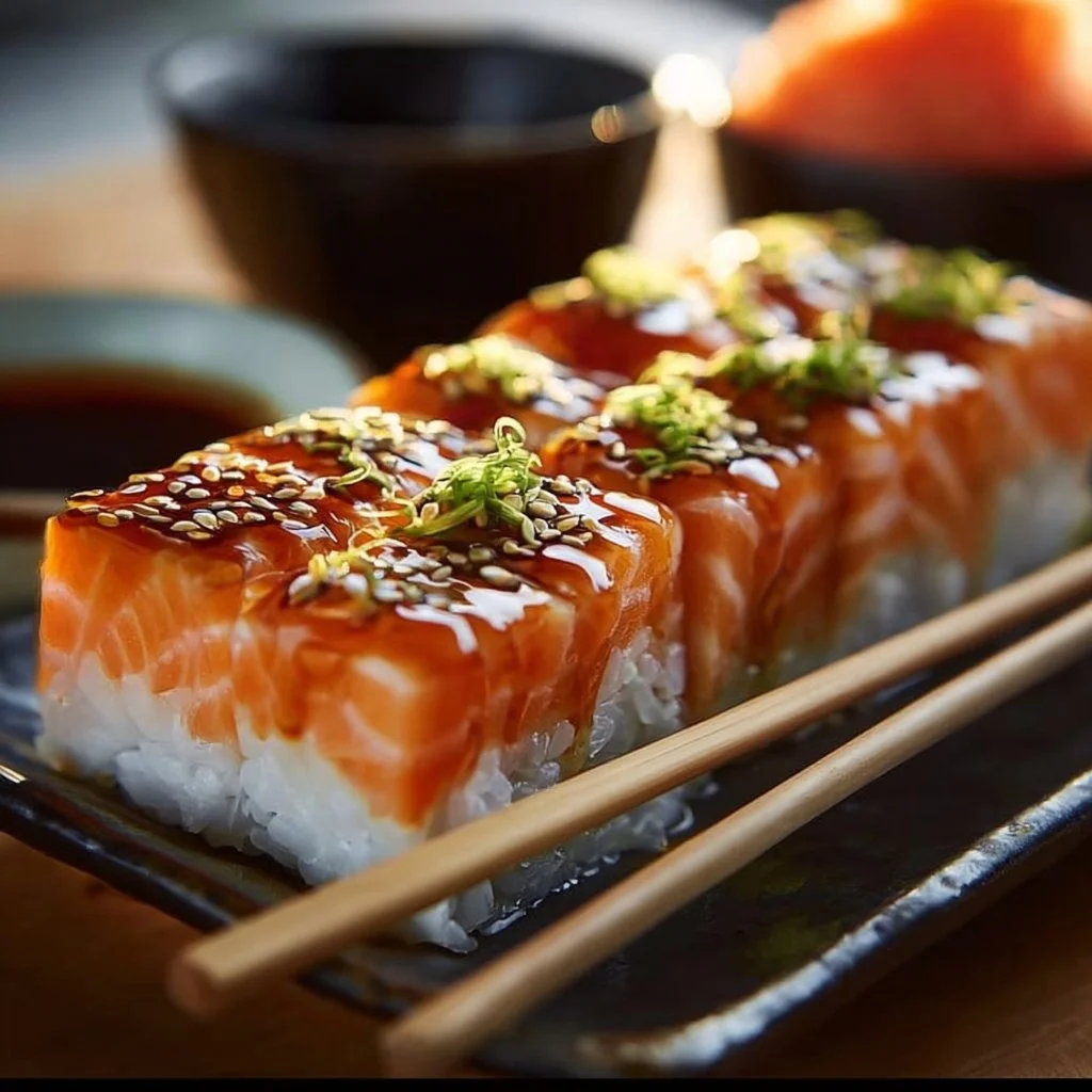 Bâtonnets de sushi au saumon frais et savoureux sur une assiette