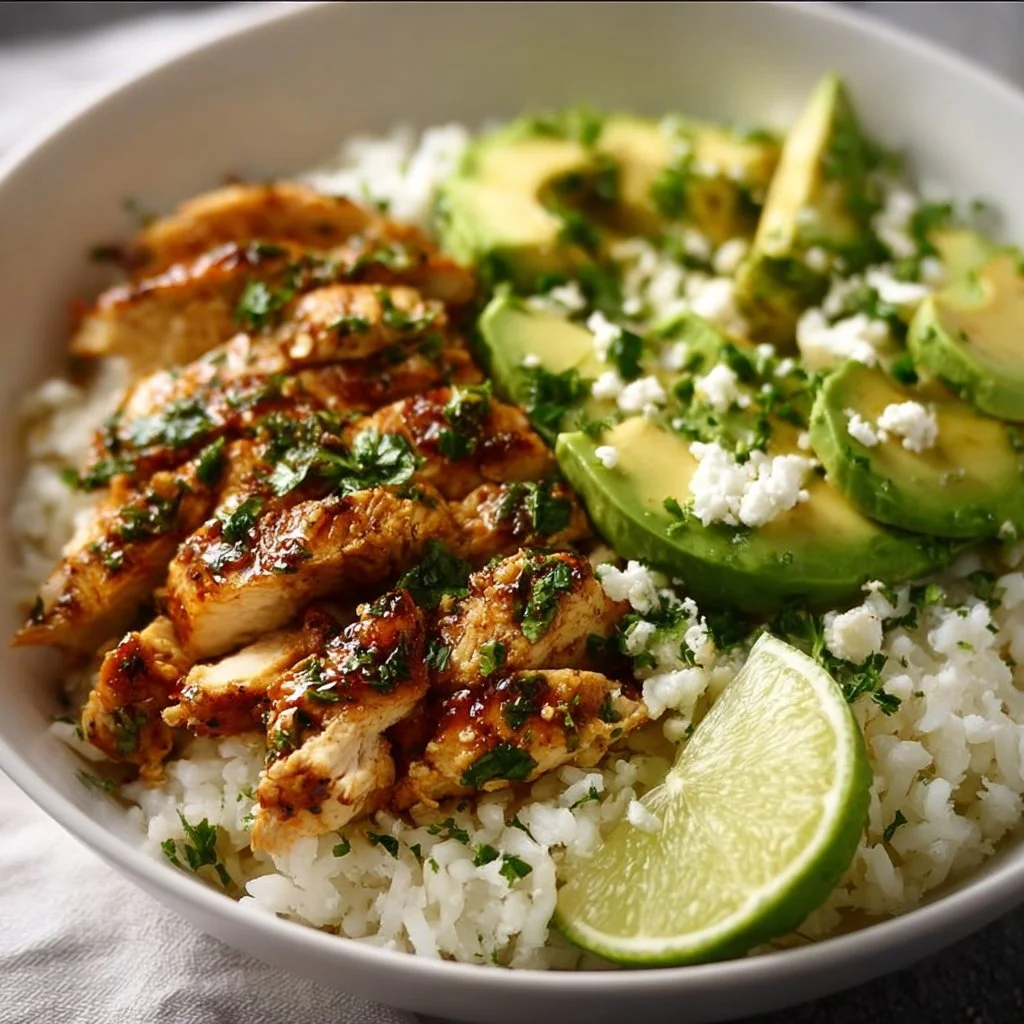 Bol de riz au poulet au miel et citron vert avec avocat, plat sain et proteiné