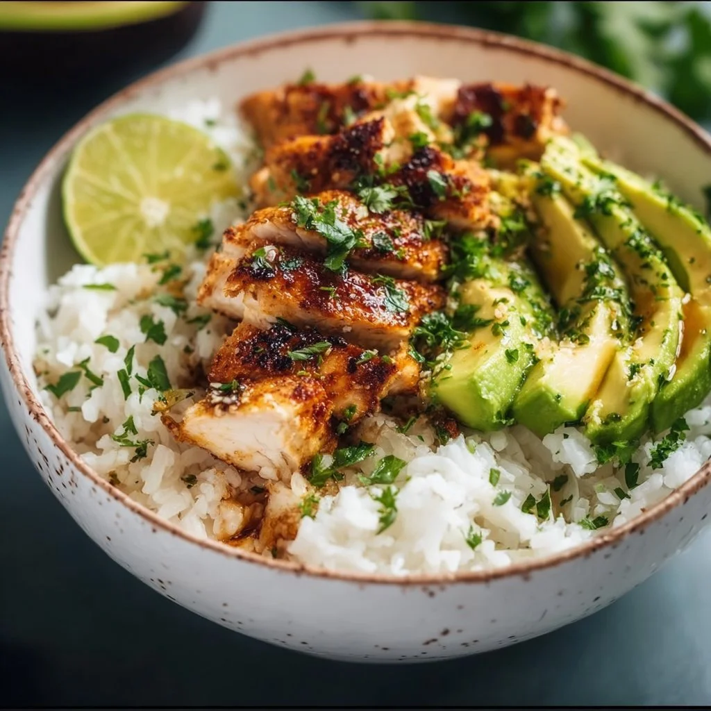 Bol de riz au poulet au miel et citron vert avec avocat – Idée de dîner sain et riche en protéines