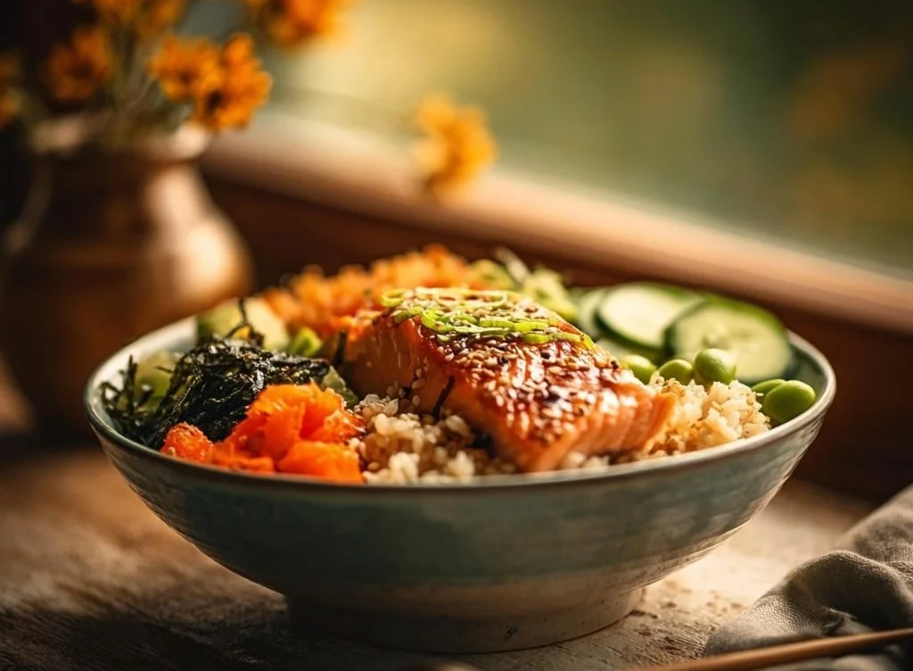 Bol savoureux de riz au saumon accompagné de légumes frais.