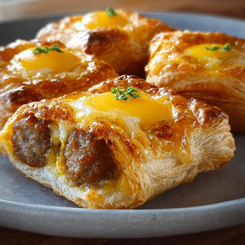 Chaussons du petit-déjeuner à la saucisse, œuf et fromage sur une assiette