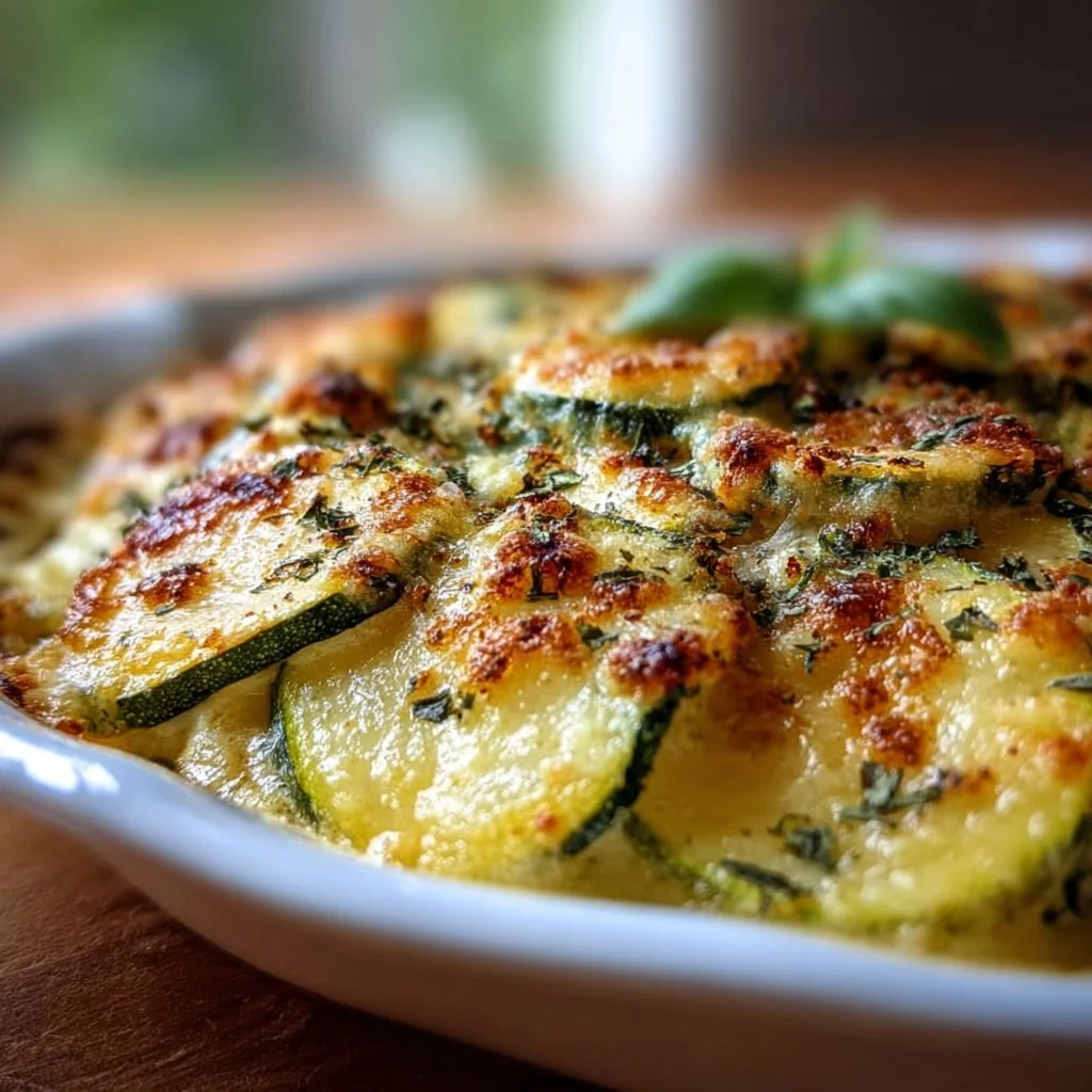Plat de courgettes gratinées au parmesan léger, prêt à être servi