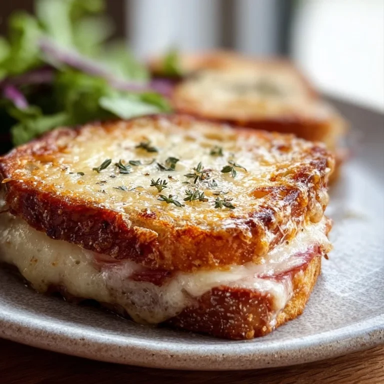 Un Croque Monsieur croustillant garni de jambon et fromage fondu.