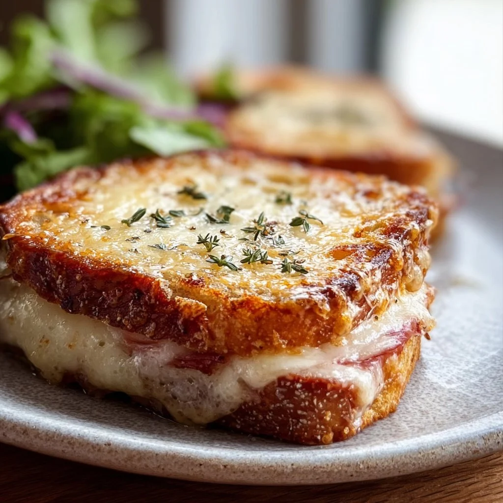 Un Croque Monsieur croustillant garni de jambon et fromage fondu.
