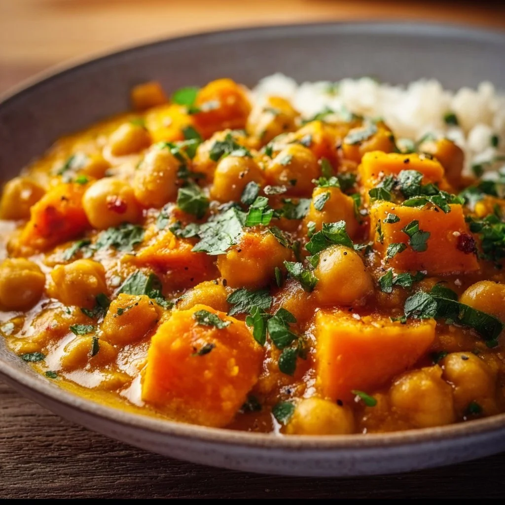Curry &eacute;pic&eacute; aux patates douces et pois chiches
