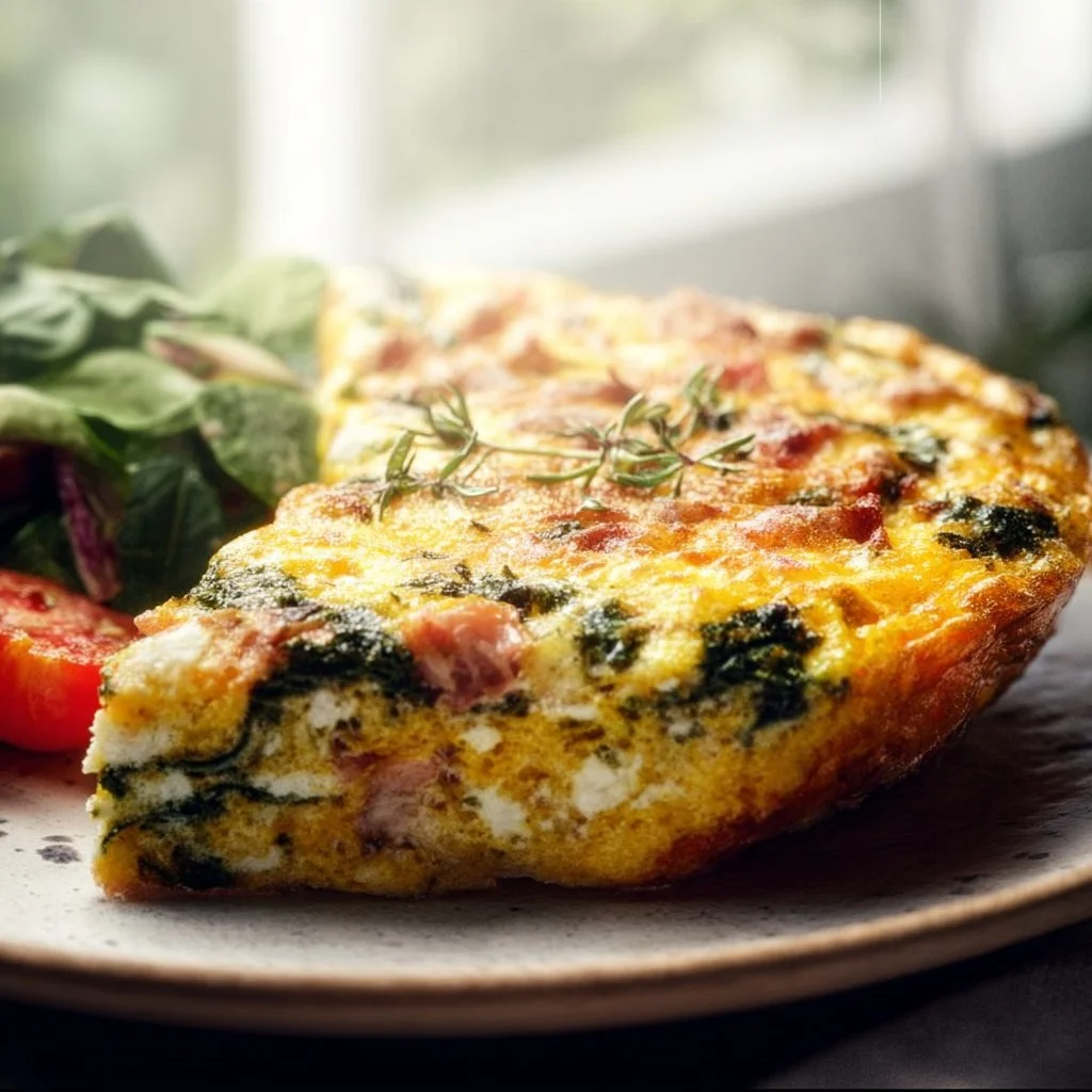 Recette de frittata savoureuse garnie de légumes frais et d'herbes.