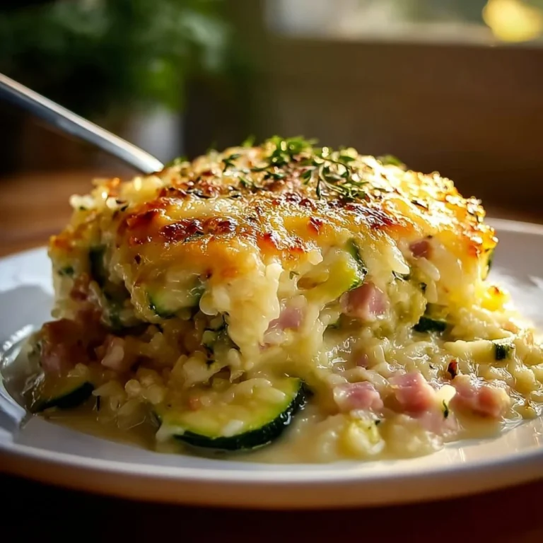 Gratin de courgettes au jambon et riz crémeux, un plat réconfortant et savoureux.