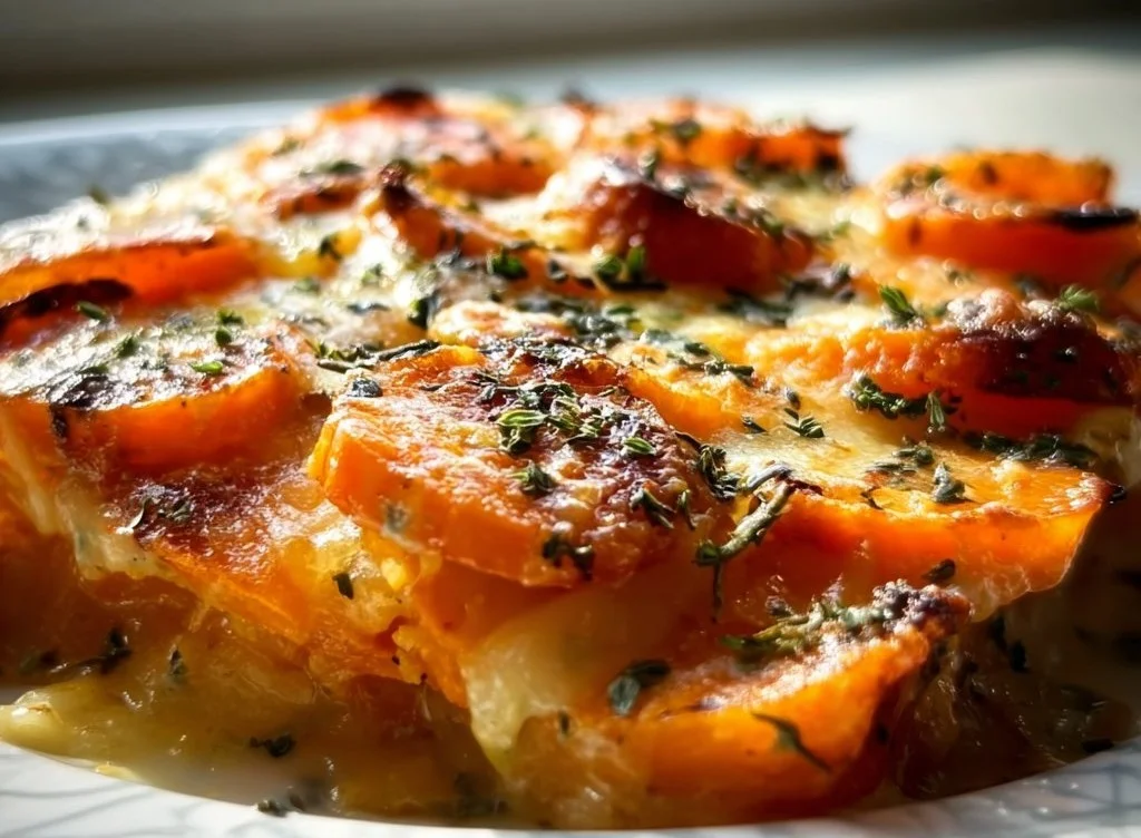 Gratin de patates douces dorées au four, un plat délicieux et crémeux.