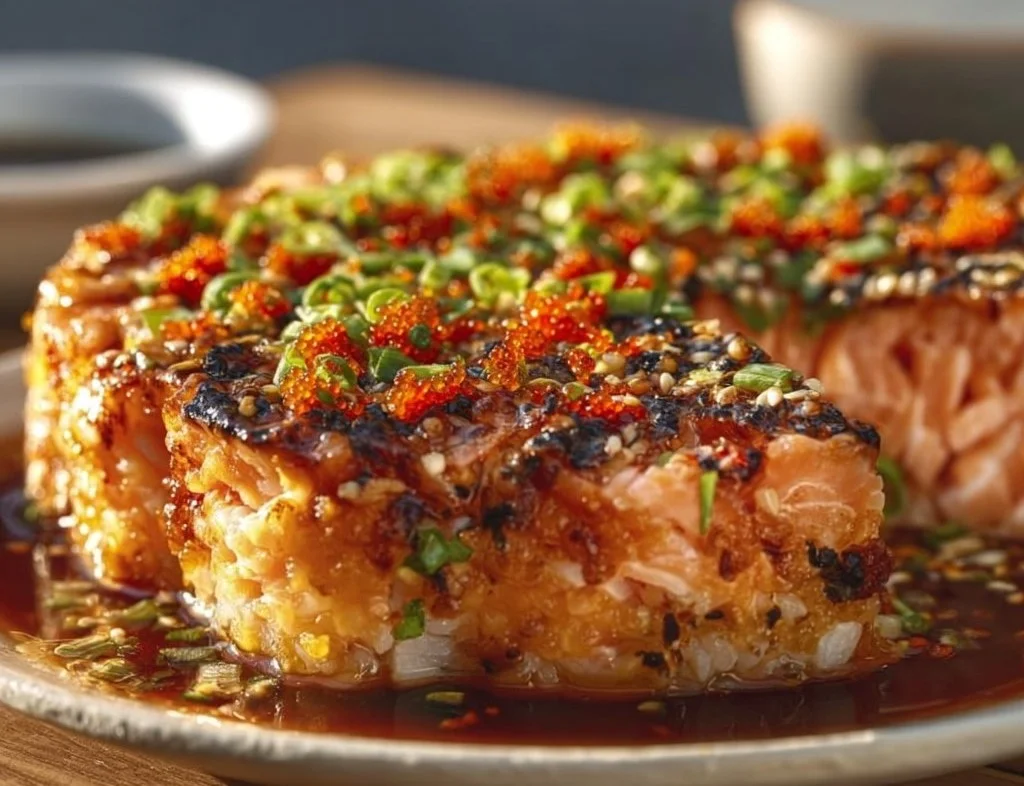 Gratin de saumon épicé façon sushi présenté dans un plat au four