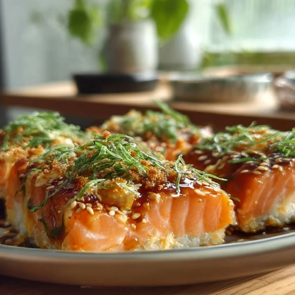 Gratin de saumon sushi prêt à être servi pour un dîner familial cosy.