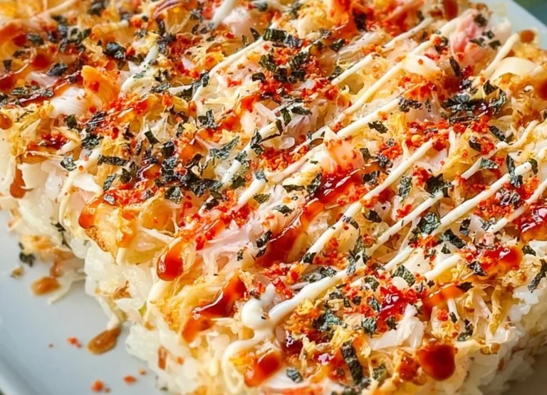 Gratin de sushi au crabe épicé servi dans un plat élégant
