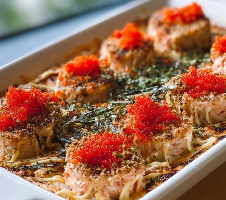 Gratin de sushi au crabe et thon, plat savoureux et innovant