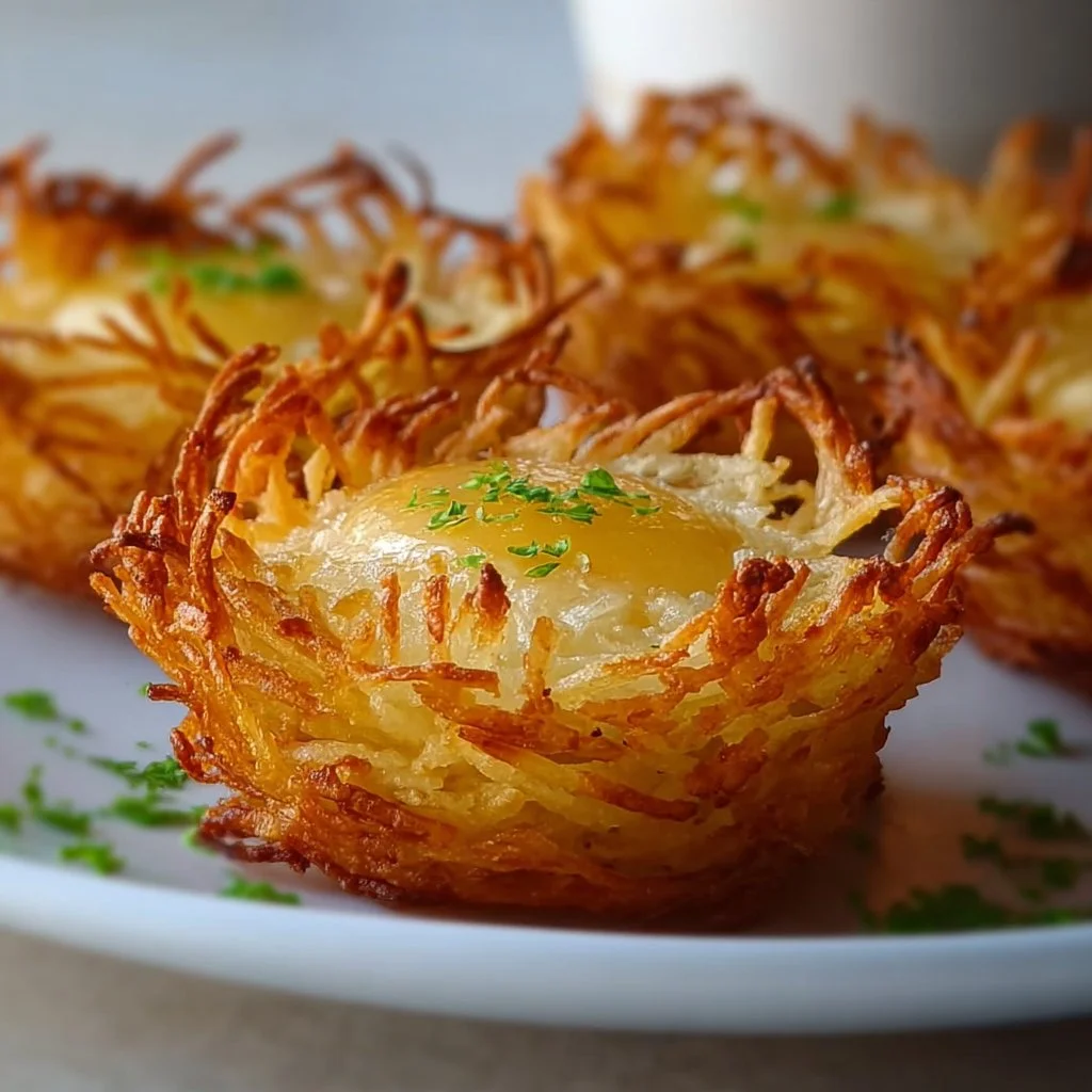 Nids de Pommes de Terre Croustillants dorés et croustillants servis sur une assiette
