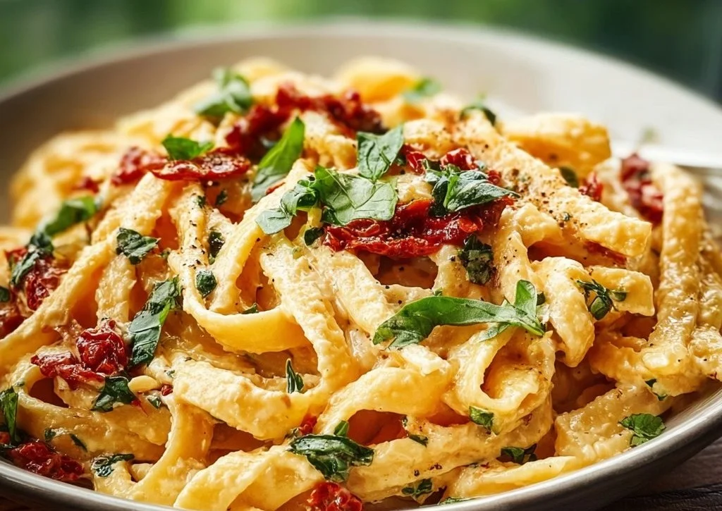 P&acirc;tes cr&eacute;meuses aux tomates s&eacute;ch&eacute;es, version v&eacute;gane