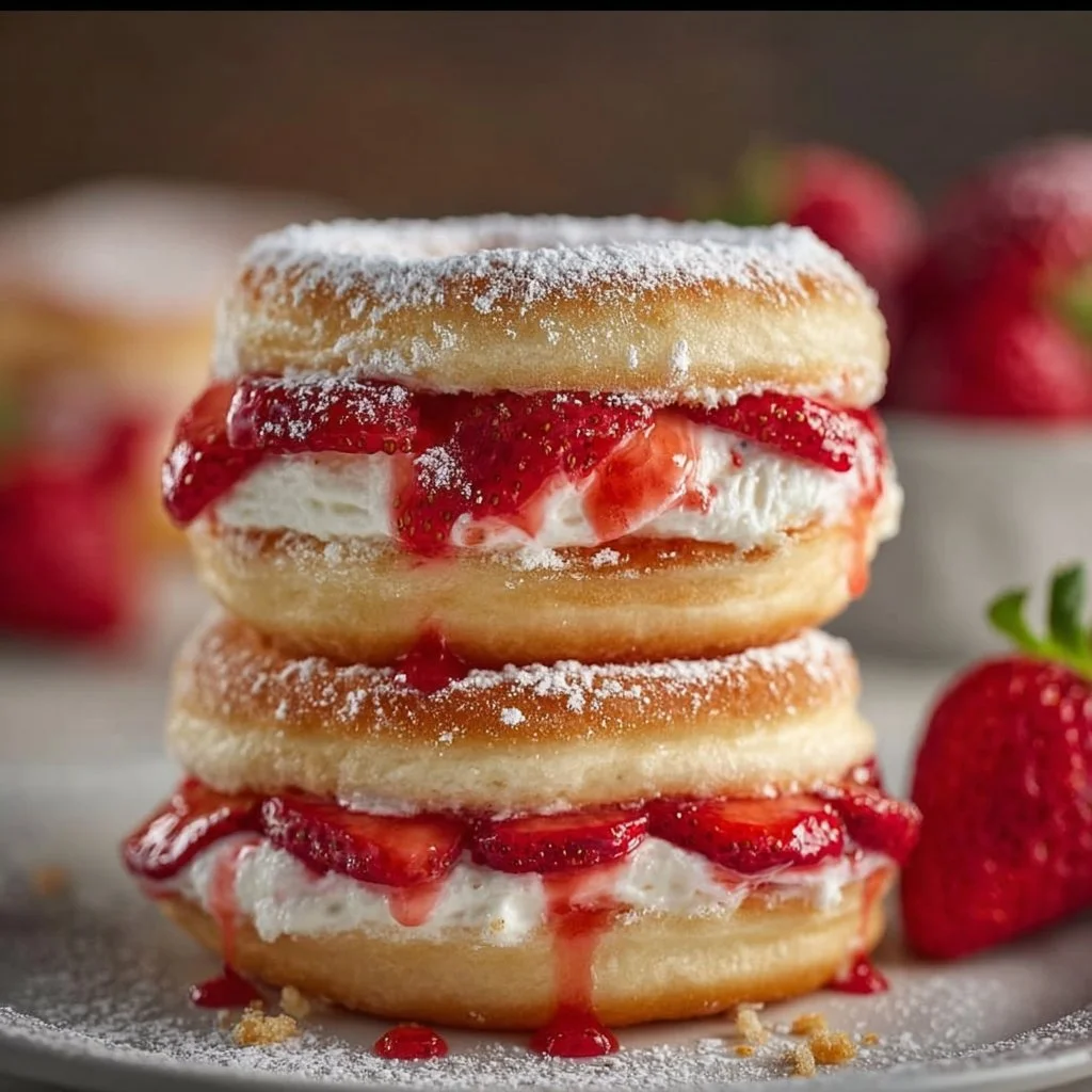 Pile de Sandwichs Pancake-Donut Farcis à la Crème de Fraises